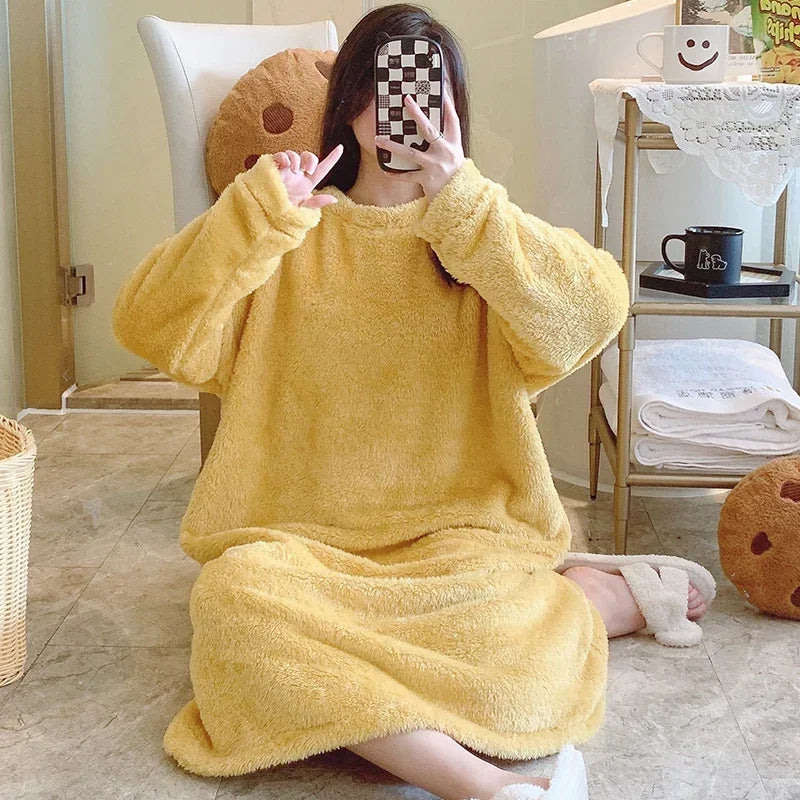 Women Winter Night Dress Warm Flannel Large Size 6XL Thick Nightgowns Warm Sleepwear Nightwear Pajamas sets Lounge Set Home Wear