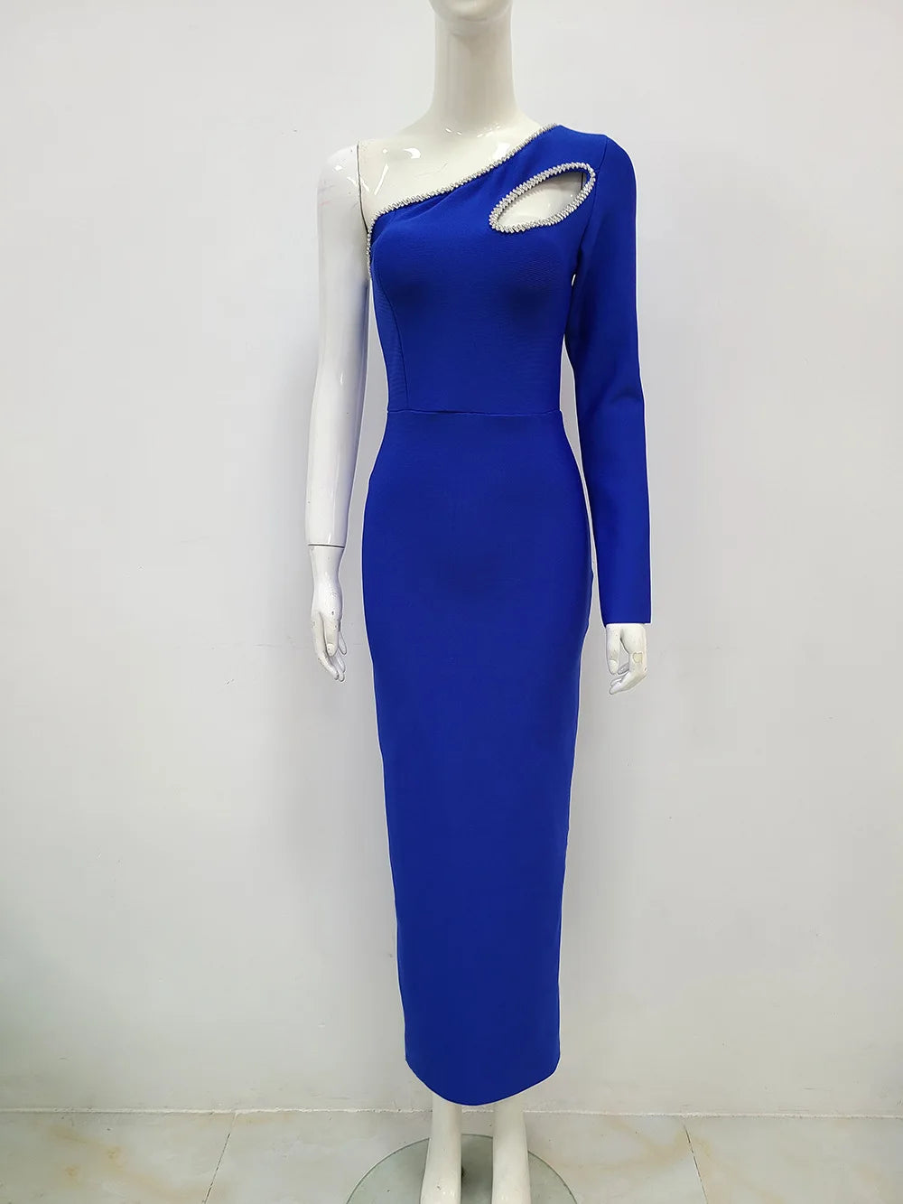 1&Only Women's One Shoulder Long Bandage Dresses, Hollow Out, Backless, Elegant, Solid Blue, Luxury Diamond, Celebrity, Evening Party