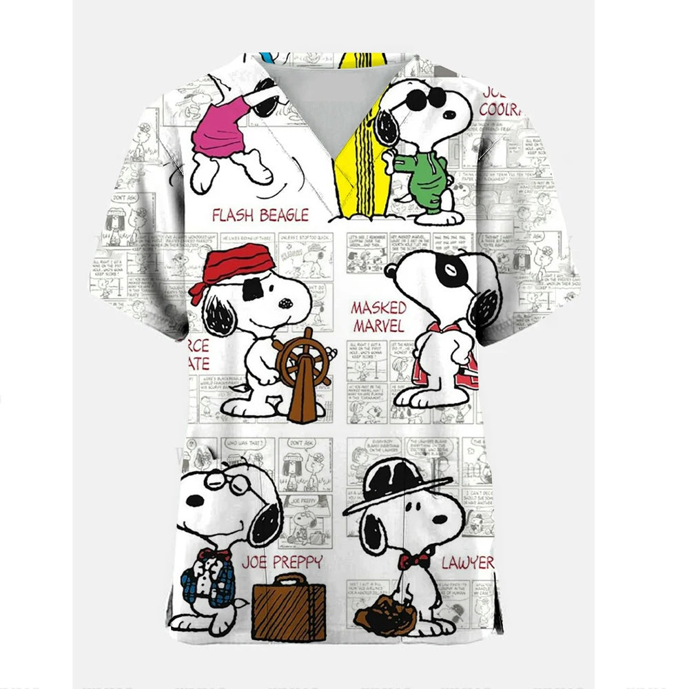 Medical Blouse Clinic Hospital Workwear Healthcare Nurse Snoopy print Uniform Carer Working Short Sleeve Tops Women T-shirt Nurs