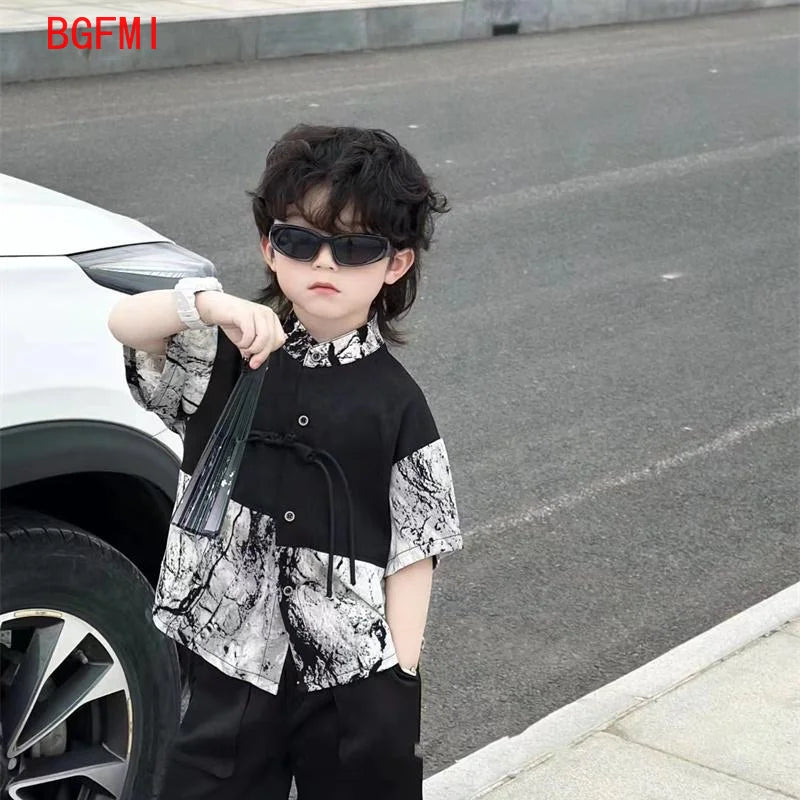 Boys New Chinese Style Short Sleeved Set Summer Thin Chiffon 2025 Kid Standing Collar Ink Painting Shirt+ Black Shorts 2pcs Set