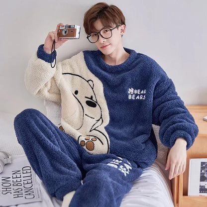 2025 New Winter Plus Size Long Sleeve Thick Warm Flannel Pajama Sets For Men Cute Cartoon Sleepwear Pyjama Homewear Home Clothes