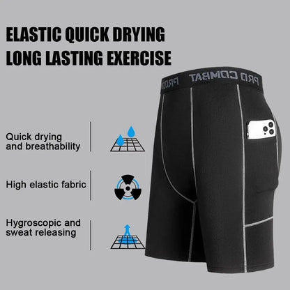 New Men‘s Compression Short Pants Elastic Quick Dry Running Fitness Shorts With Pocket Big Size Black Tight Gym Training Pants