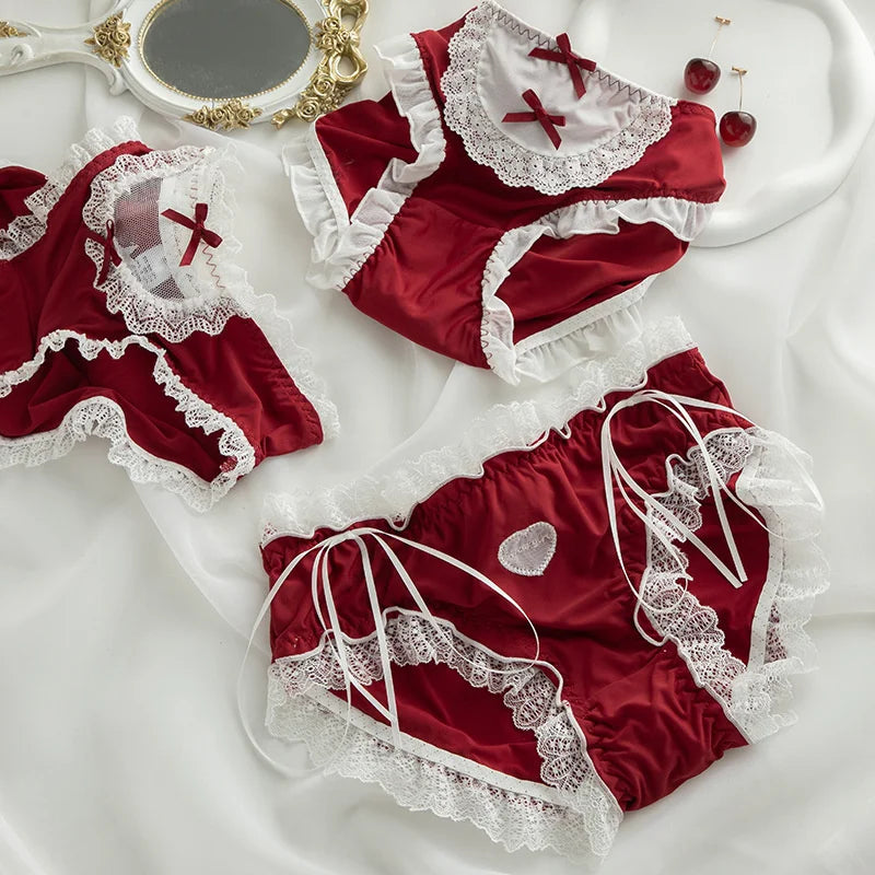 SP&CITY Lolita Lace Cotton Crotch Red Panties Low Waist Cute Ruffle Hollow Out Mesh Underwear Women’s Christmas Seamless Briefs