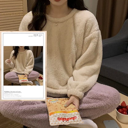 Winter Thermal Fleece Solid Women's Pajama Sets Pyjamas Warm Plush Pjs Loung Sleepwear Girls Pijama Mujer Night Suits Homewear