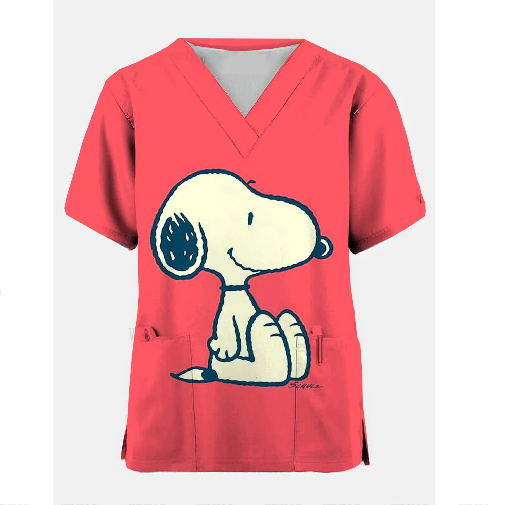 Medical Blouse Clinic Hospital Workwear Healthcare Nurse Snoopy print Uniform Carer Working Short Sleeve Tops Women T-shirt Nurs