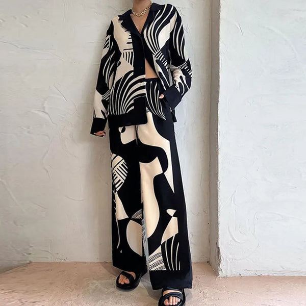 Women Digital Print 2 Piece Set Chic Lapel Long Sleeved Blouse Top Loose Straight Leg Pants Suit Fashion Streetwear Outfits