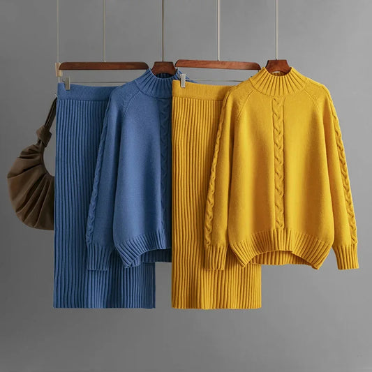 Women Knitting 2 Piece Set Pullover Sweater Long Skirt Suit Morocco Muslim Autumn Winter Casual Knitwear Ensemble Skirts Outfits