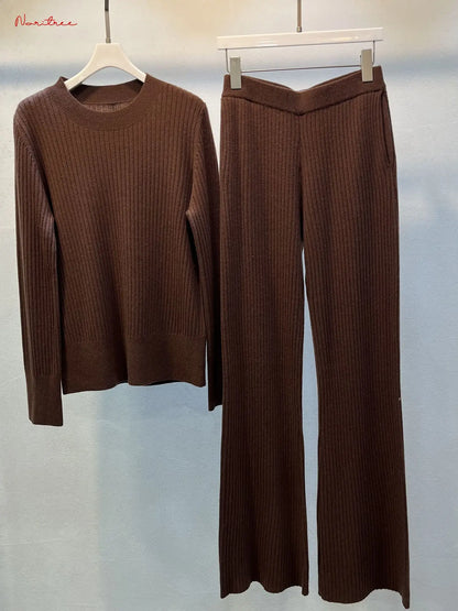 Luxury Two Pieces 50% Cashmere + 50% Wool Sets Wool Suits Female Warm Mink Cashmere Knit Tops +  Wide Leg Wool Pant Sets