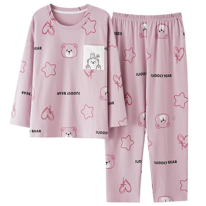 Autumn 100%Cotton Women Pajamas Long Sleeve Women's Pajama Set Print M-5XL Pijama Long Tops+Long Pants Two Piece Set Pyjamas