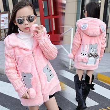 Autumn Winter Girls Jacket Cute Rabbit Bear Keep Warm Little Princess Plush Jacket Hooded Zipper Sweater 3-12 Years Kids Clothes