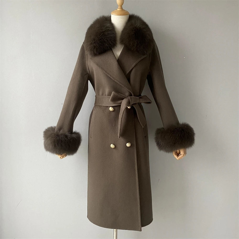 Women's Cashmere Wool Coat Spring Real Fox Fur Collar Woolen Trench Jacket Winter Adjustable Waist Slim Ladies Long Overcoat