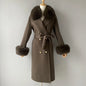 Women's Cashmere Wool Coat Spring Real Fox Fur Collar Woolen Trench Jacket Winter Adjustable Waist Slim Ladies Long Overcoat