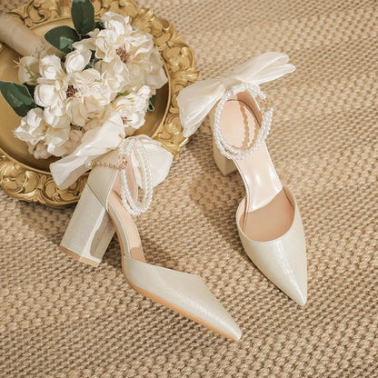 Slimming Shoes Casual Heels Shallow Mouth Sandals Ladies Pointed Pumps Hollow 2025 All-Match Comfortable Beige African Bow Toe