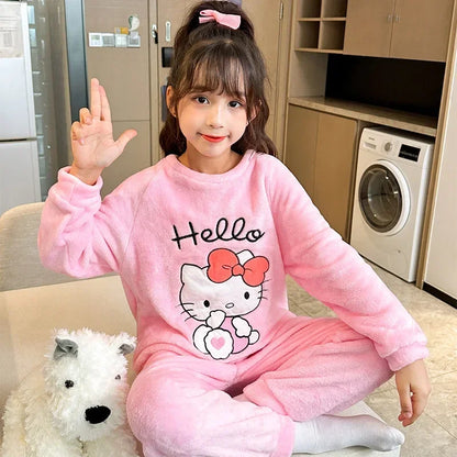 2025 Autumn Winter Flannel Children Pajama Sets Miniso Anime Cartoon Boy Girl Warm Sleepwear Cute Pijama Kids Homewear Clothes