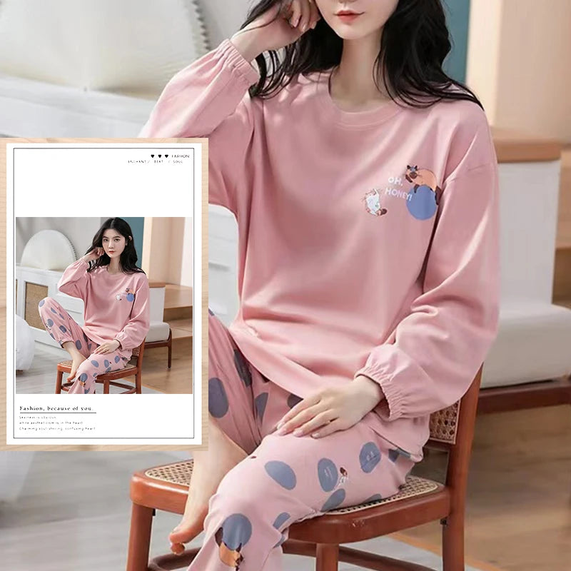 Spring Autumn Size 5XL Women Polyester Pajamas Dots Sleepwear Long-sleeved Homewear Sets Womens Cartoon Nightwear Casual Pijamas