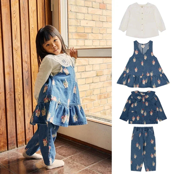 New KS Brand Toddler Kids Girls Cute Cats Print Dress Long Sleeve Blouse T-shirt Children Denim Jacket Coats Jean Pants Clothes