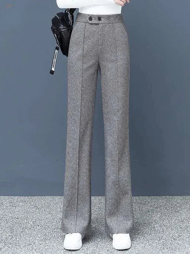 Thick Wool Blend Straight Pants Korean style Woolen Wide Leg Pants Womens Winter Casual New High Waist Loose Trousers