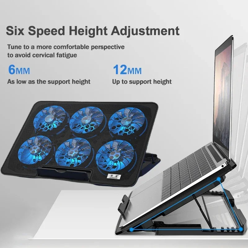 Gaming RGB Laptop Cooler 2 USB Ports 6 Fan Gaming Led Light Notebook Cooler For 13-18'' Stand 6 Height Wind Speed Adjustable