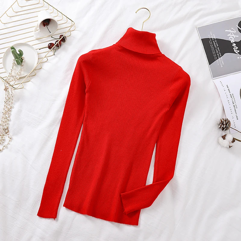 Autumn Winter Women Long Sleeve Knitted Foldover Turtleneck Ribbed Pull Sweater Soft Warm Femme Jumper Pullover Clothes