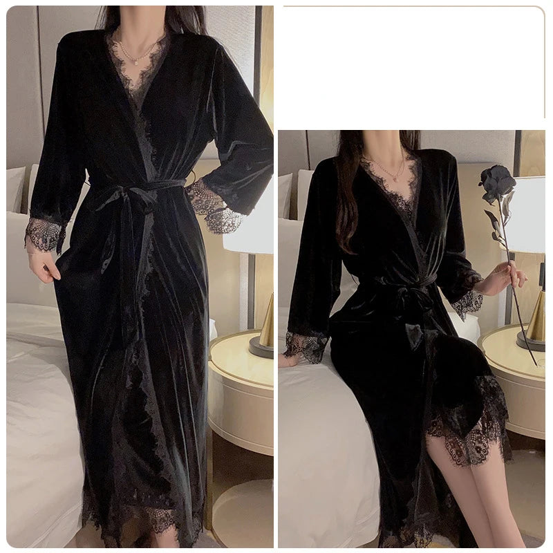 Women Warm Velour Homewear Long Kimono Robe Cami Sleepwear Burgundy Bathrobe Set Sexy Nightgown Winter Robe Suit Loungewear