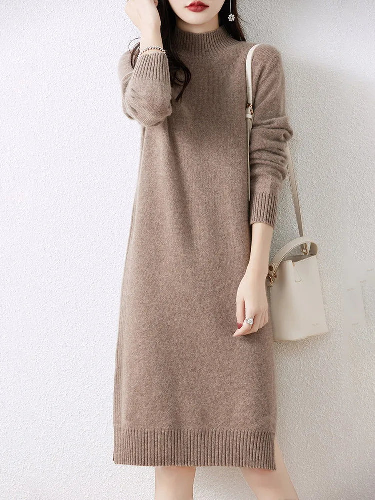 Women's Sweater Dress 100% Merino Wool Knitwear Mock Neck Pullover Cashmere Split Solid Soft Basic Autumn Winter