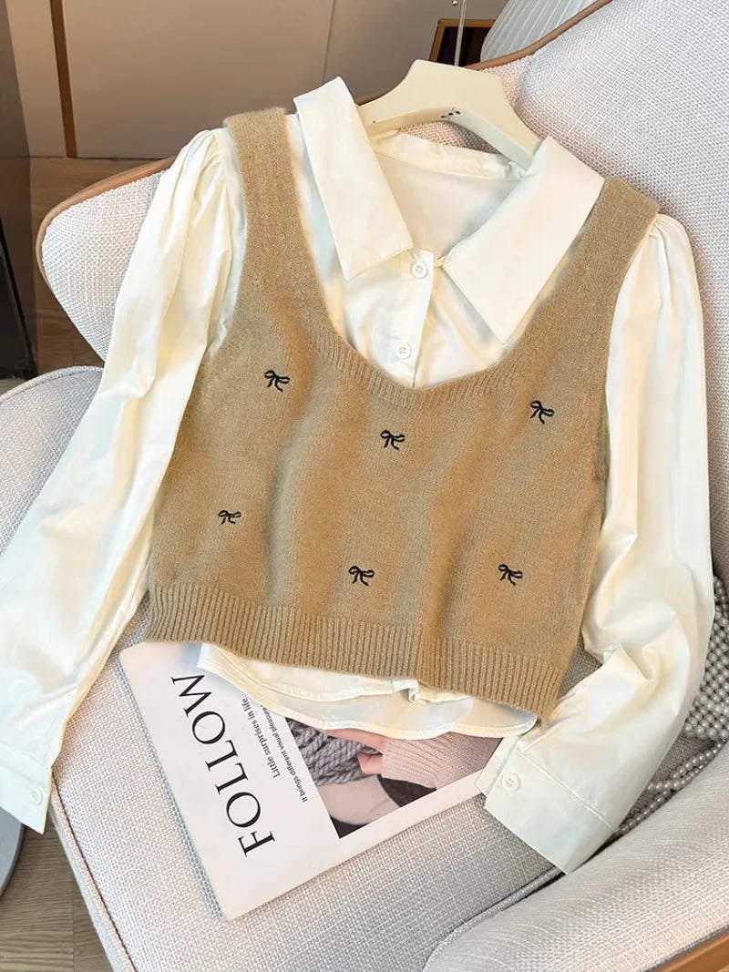 Y2k Vest Knit+shirts Suit  Set Women 2 Pieces