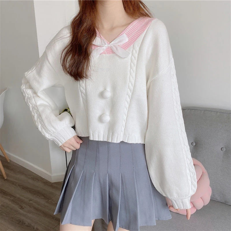 Biyaby women's Kawaii short knitted sweater sweet candy-colored bow V-neck pullover women's spring leisure lantern sleeve