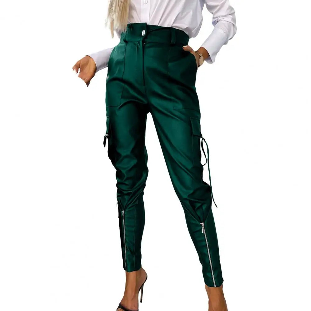 Women's Leather Pants Multi Pockets Women PU Leather Pants High Waist Skinny Push Up Leggings Pencil Pants Long Trousers