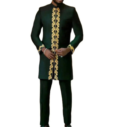 White Kaftan Men's Suit Embroidery Floral Top Pants Kaunda Suit African Casual Outfits Wear Traditional 2PCS Set Wedding Tuxedo