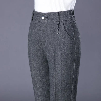 Woolen Trousers Women's Fall/winter High-waist Elastic Striped Straight-leg Pants Slim-fit Warm Trousers Pants for Women