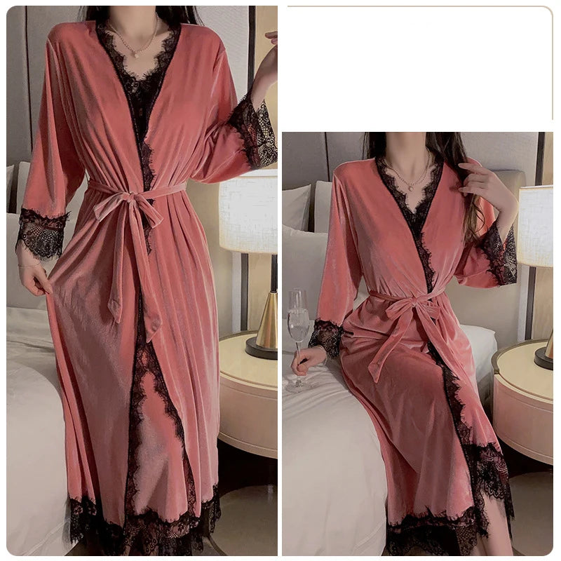 Women Warm Velour Homewear Long Kimono Robe Cami Sleepwear Burgundy Bathrobe Set Sexy Nightgown Winter Robe Suit Loungewear