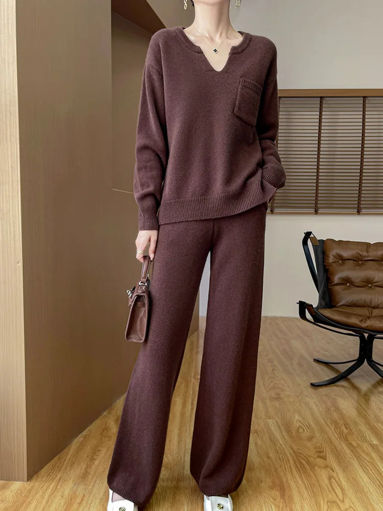 Women's Sweater Pocket Pullover Pants Suit 100% Merino Wool Knitwear V- Neck Cashmere Casual Set Solid Long Sleeve Autumn Winter