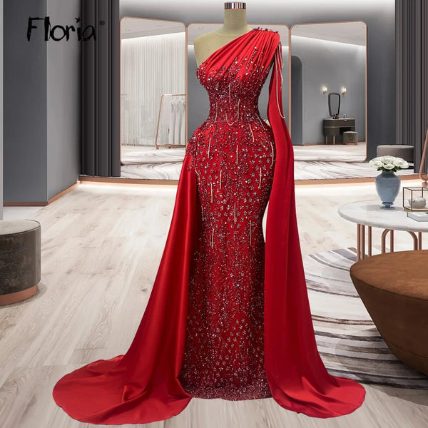 1&Only Red Long Cape Sleeve Side Train Engagement Dress Midi Long Celebrity Dresses Dubai Robe Soirée Female Plus Size Vestido De Noiva