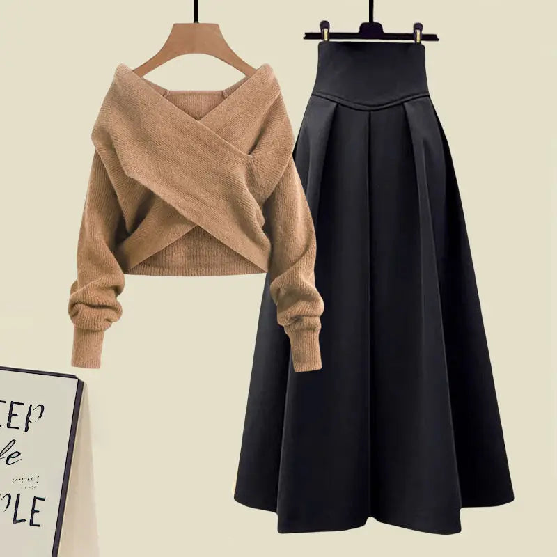 Fashion 2 Pieces Outfits Office Women Lady Crop Tops Coat Slit Midi Skirt Suits Autumn Winter New Solid Color 2 Piece Sets