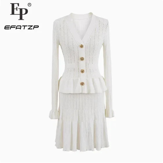 Pure White Temperament Dress Hollow Fake Two-piece Knitted Mini Dresses