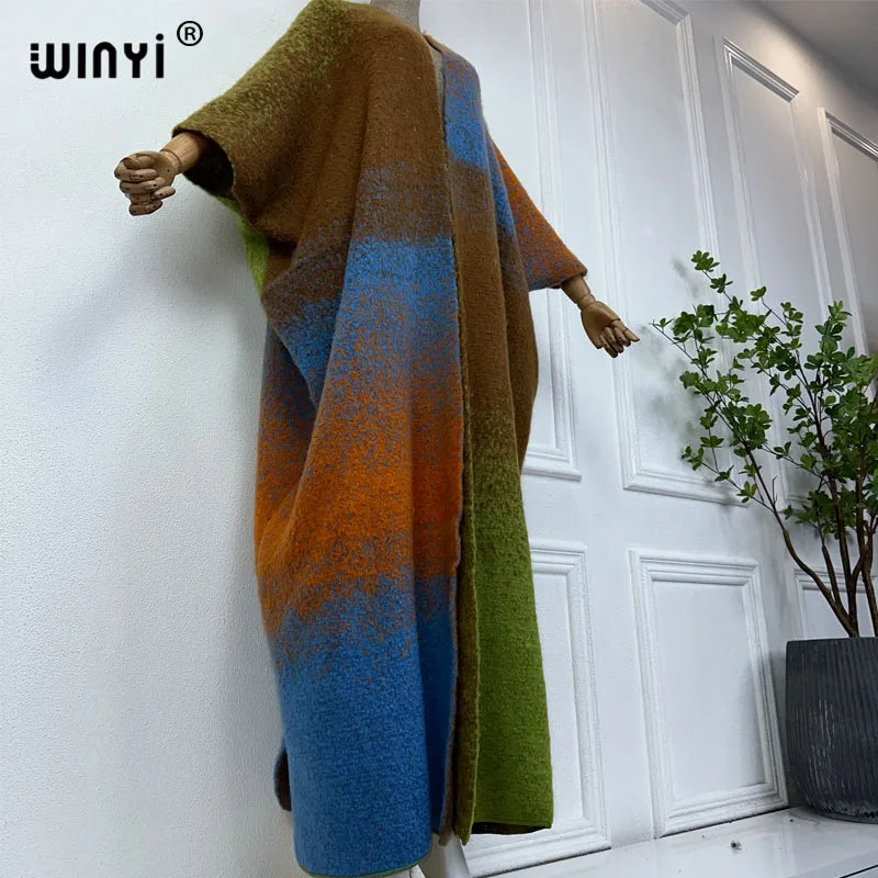 WINYI winter outfits for women Luxury Fur Neutral coat Thick comfortable Warm Gradual print coat poncho long down party dress