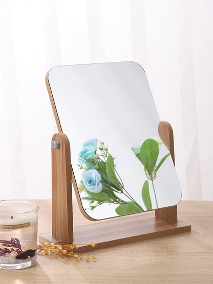 Dresser Vanity Mirror with Natural Wood Stand, 1x 360 Degree Rotating Magnifying Mirror, Portable Table Countertop Mirror Bathr