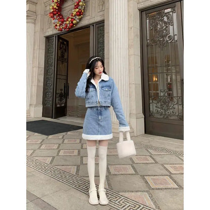 Autumn Winter Korean Edition Suit New Lamb Wool Spliced Denim Coat Women's Short Sweet Cool Half Skirt Two Piece Set Trend