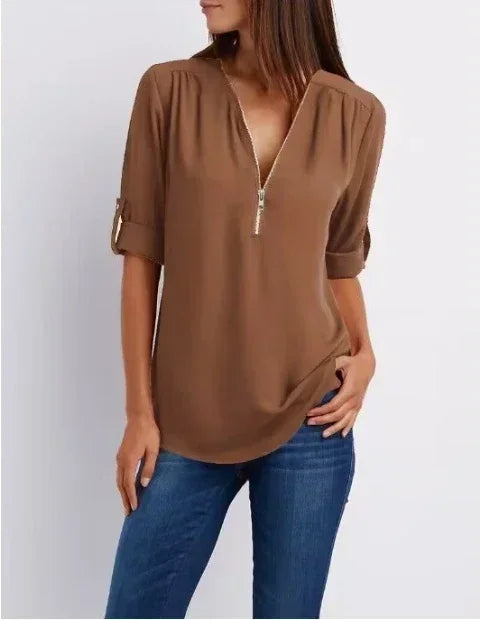 Summer Women Cool Loose Shirt Deep V Neck Chiffon Blouse Casual Ladies Tops Sexy Zipper Pullover Plus Size Long Sleeve Fashion