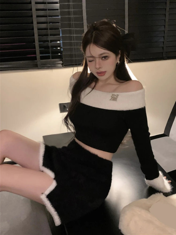 Winter Sexy Wool Vintage Two Piece Set Women Korean Fashion Warm Y2K Party Set Female Off Shoulder Slim Mini Skirt Suit