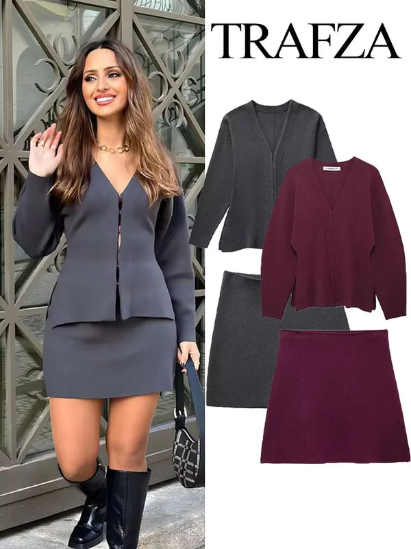 TRAFZA Women Spring Skirt Suits Solid V-Neck Long Sleeve Covered Button Cardigan+High Waist Knitted Mini Skirts Female Slim Sets