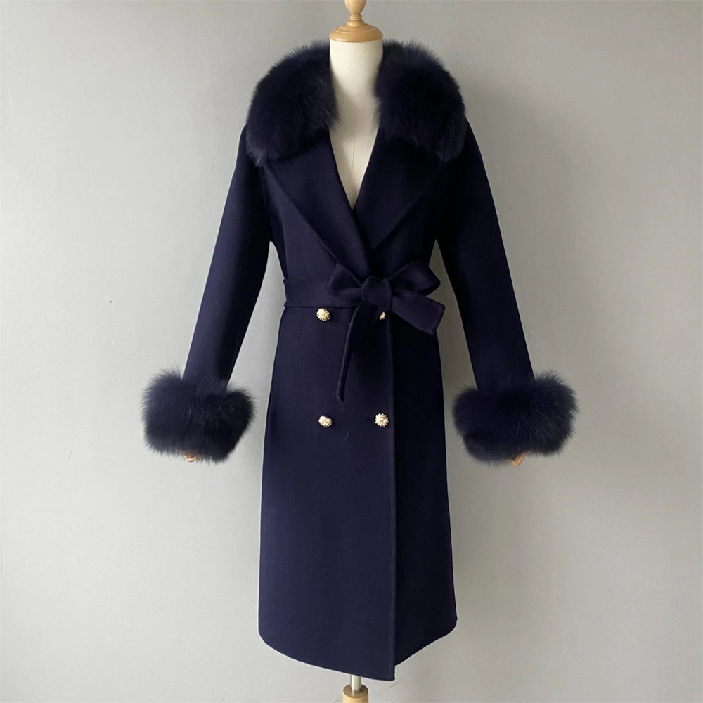 Women's Cashmere Wool Coat Spring Real Fox Fur Collar Woolen Trench Jacket Winter Adjustable Waist Slim Ladies Long Overcoat