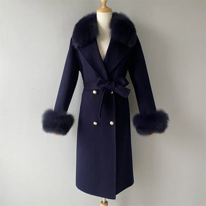 Women's Cashmere Wool Coat Spring Real Fox Fur Collar Woolen Trench Jacket Winter Adjustable Waist Slim Ladies Long Overcoat