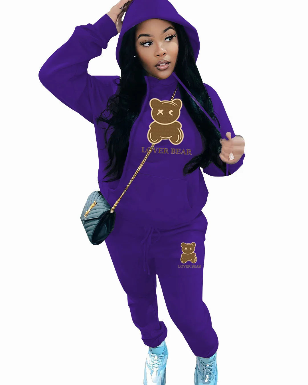 Lovely Bear Letter Print Kangaroo Pocket Tracksuit Set Long Sleeve Hoodie+Drawstring Trousers Women Two Pieces Matching Suits