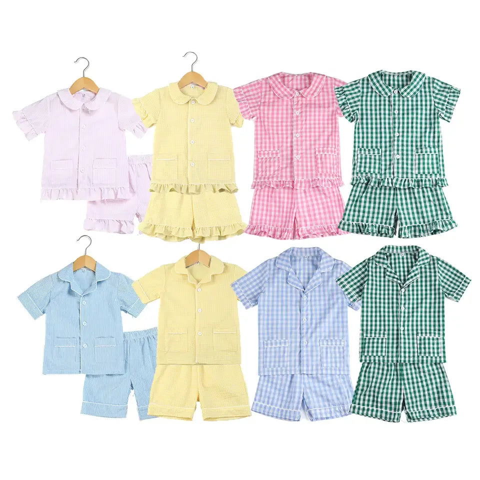 2025 Seersucker 100% Cotton Stitch Kids Pajamas Sets Loungewear Summer Pijamas Sleepwear Toddler Boys Pyjamas Baby Girl Clothes