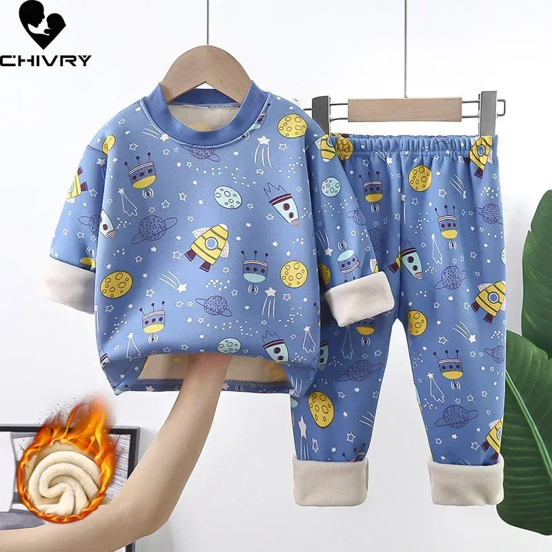 New 2025 Autumn Winter Kids Thicken Warm Pajamas Baby Boys Girls Cartoon Long Sleeve Pyjamas Toddler Sleepwear Clothing Sets