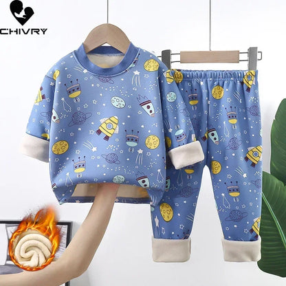 New 2025 Autumn Winter Kids Thicken Warm Pajamas Baby Boys Girls Cartoon Long Sleeve Pyjamas Toddler Sleepwear Clothing Sets