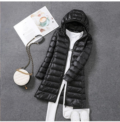 2025 Women Spring Jacket Ultralight Thin Packable Down Long Jacket  Female Hat Detachable Slim Fit Skirt Coat Portable Outwear