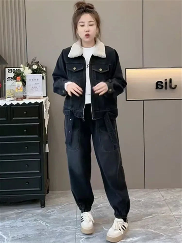 Denim Suit Women Clothes 2025 Autumn and Winter New Cashmere Thickening Loose Large Size Fashion Slimming Two-piece Set Tide