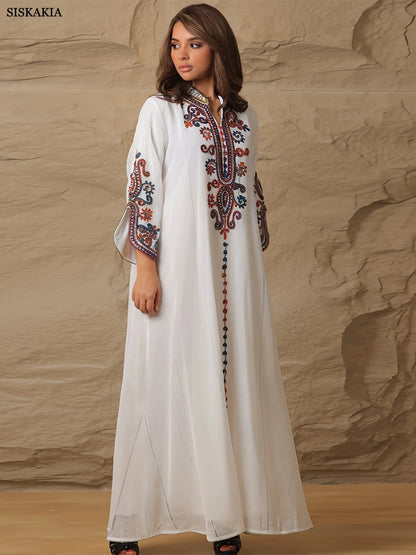 Siskakia Embroideried Luxurious Women's Evening Dress With Long Sleeves V-Neck Fashion Elegant Abayas With Belt Marocain Femme